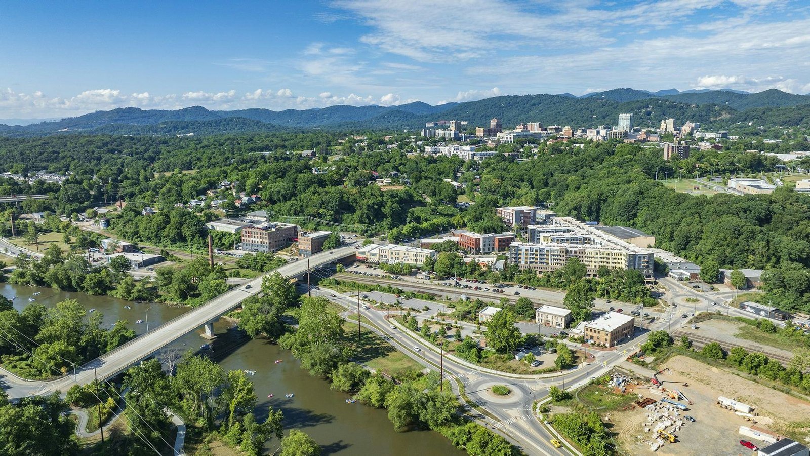 Aerial view of Asheville, North Carolina, with the French Broad River running through it